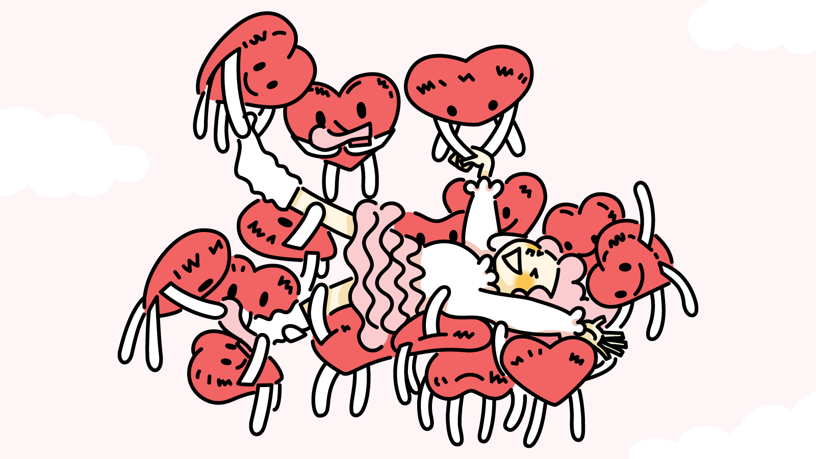 たくさんのハート形の風船の力で、空を飛んでいる少女